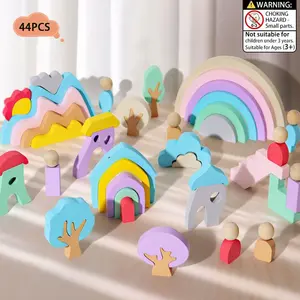 44PCS Children's Wooden Rainbow Stacking Blocks, Building and Stacking Toy, Multifunctional Creative Decorative Educational Toy, Montessori Arch Rainbow Stacking Blocks, Colorful Stacking Puzzle Toy, Suitable for Children Aged 2-5, Rainbow Decoration Toy.