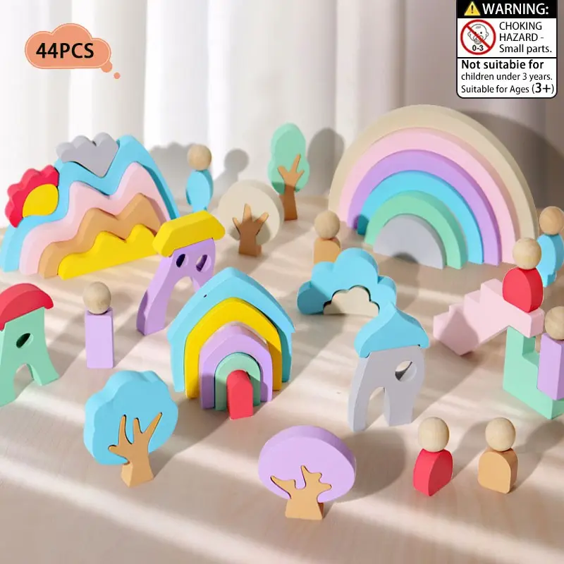 44PCS Children's Wooden Rainbow Stacking Blocks, Building and Stacking Toy, Blocks Set, Montessori Arch Rainbow Stacking Blocks, Colorful Stacking Puzzle Toy, Suitable for Children Aged 2-5, Rainbow Decoration Toy, Stacking Block Game