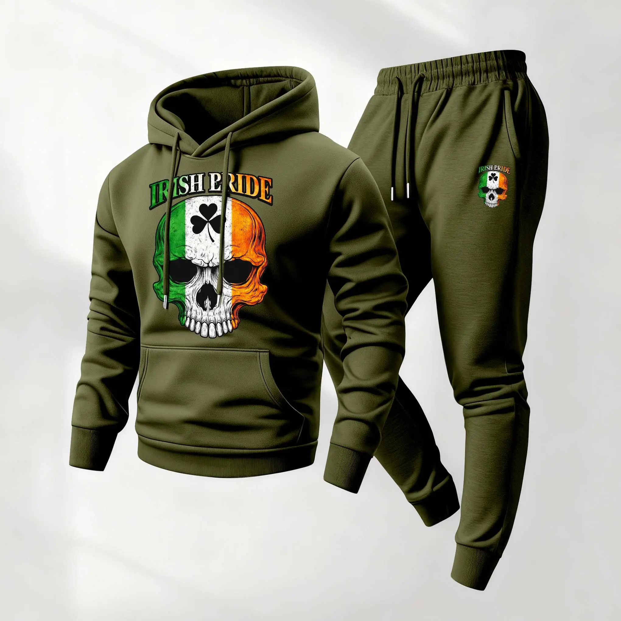 Men's 2-Piece Polyester Minimalist Saint Patrick's Day Print Tracksuit - Soft, Breathable Fabric, Loose Long-Sleeve Hoodie & Drawstring Sweatpants Set for Fall, Winter Daily Casual Athletic Wear