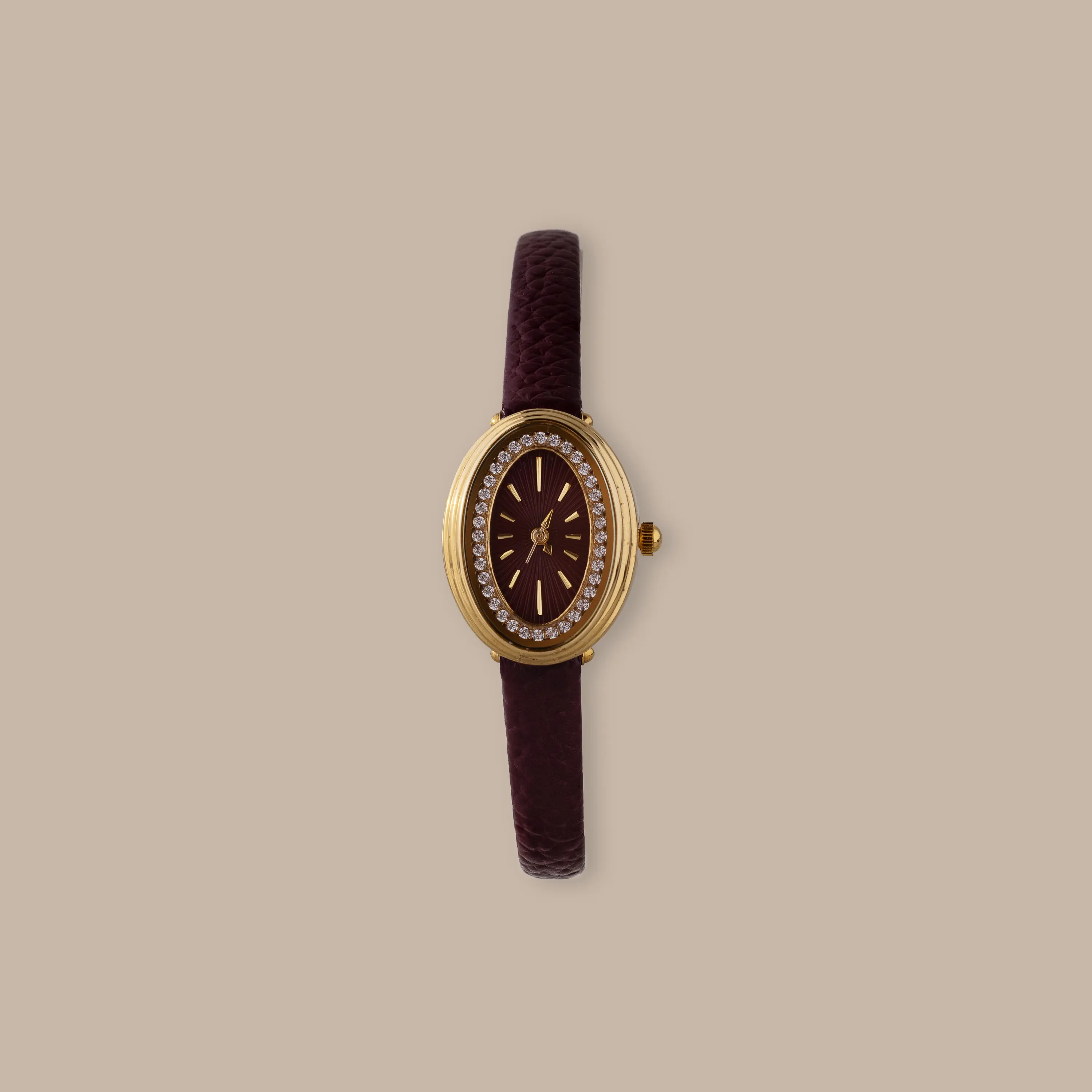Merlot Strap Timepiece by Caitlyn Minimalist - Burgundy Leather Strap Watch in 18K Gold - Pave Diamond Oval Women's Watch - Anniversary Gift
