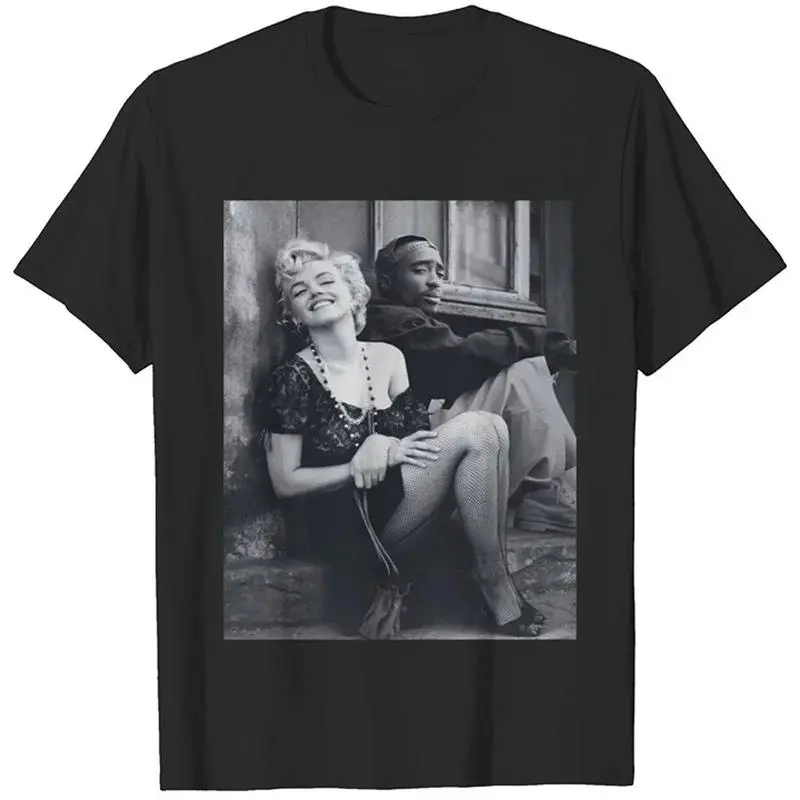 Men's Graphic Tshirt, Preppy Round Neck 100% Cotton Top with Marilyn Monroe & 2Pac Print for Outdoors and Streetwear, Shortsleeve, Athletic Basic, Sports, Casual, Menswear