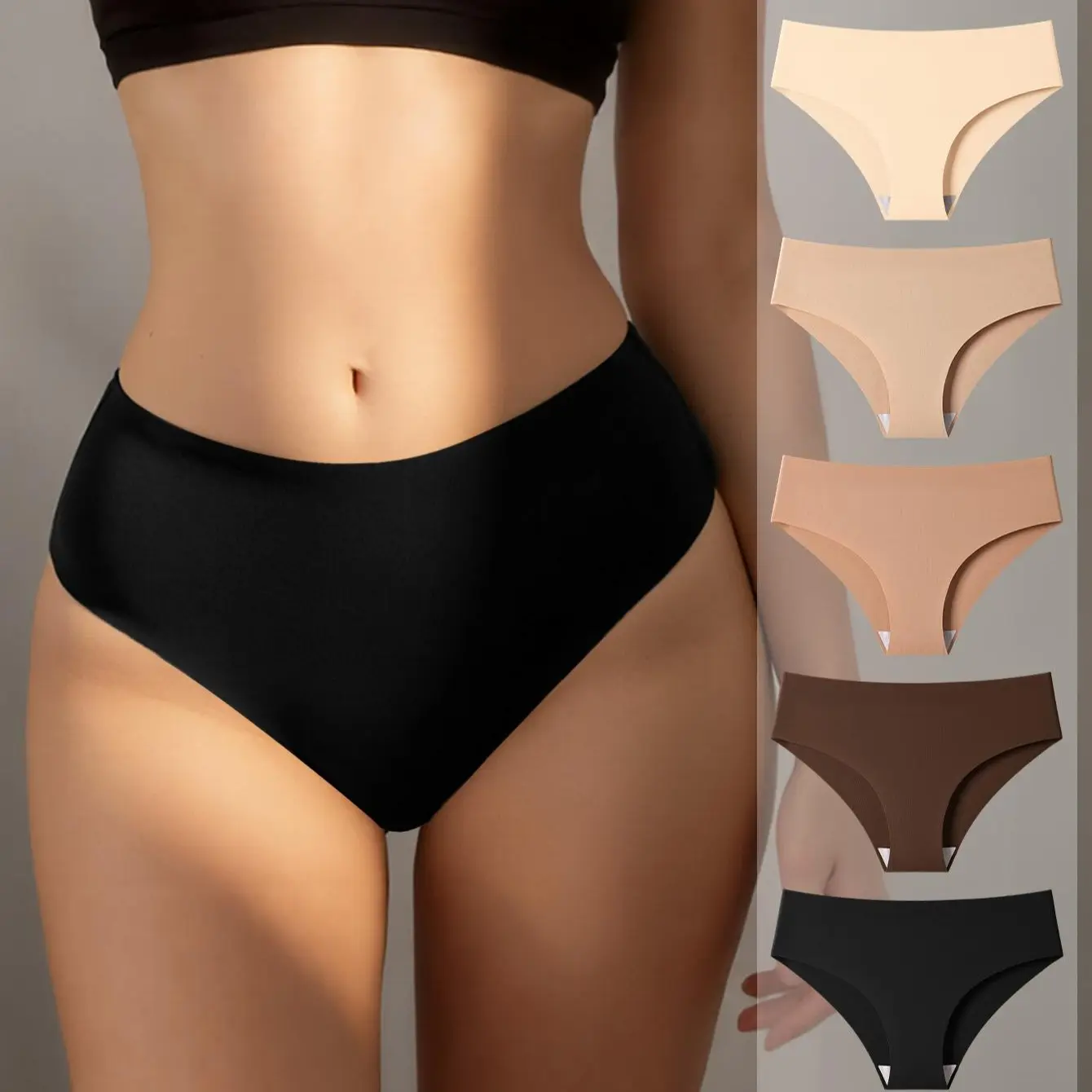 Hotcom Women's Lady Lingerie 5pcs Solid Color Minimalist Drop Waist Seamless Ice Silk Panties - Comfortable Basic Fabric, Breathable Soft Plus Size Everyday Underwear for All Seasons, Casual Wear summerwins