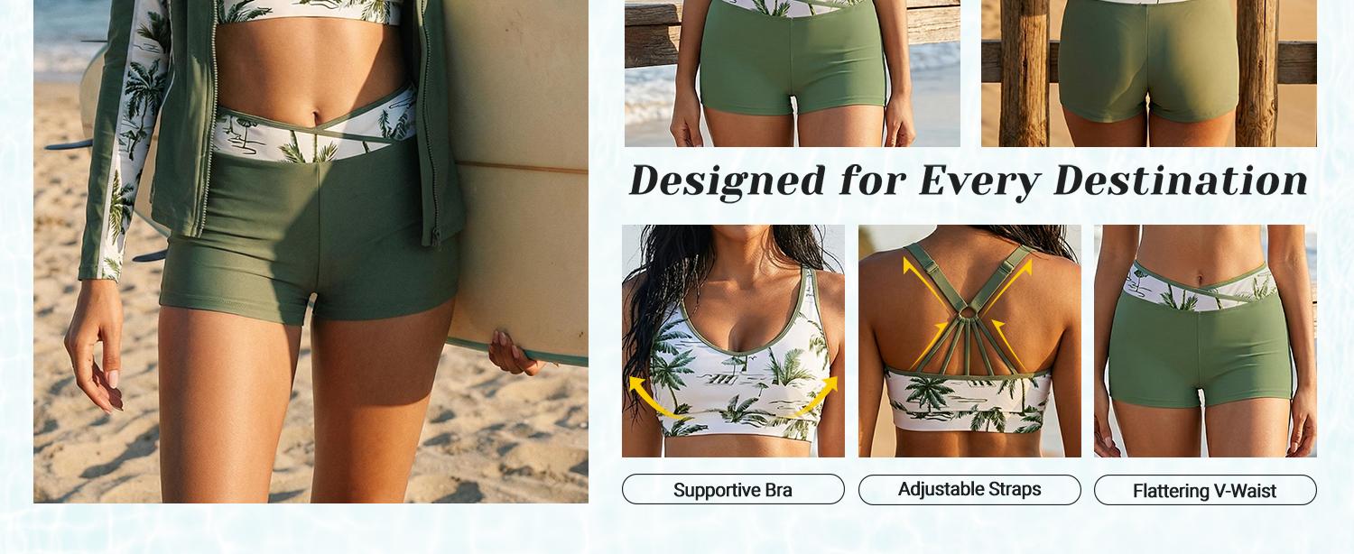 Daci Women Three Piece Rash Guard - Long Sleeve Zip Up Swim Shirt with Sports Bra and Shorts UPF 50+ Modest Swimuits