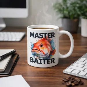Master Baiter Mug, Fishing 11oz Ceramic Cup, Humorous Gift for Anglers Drinkware