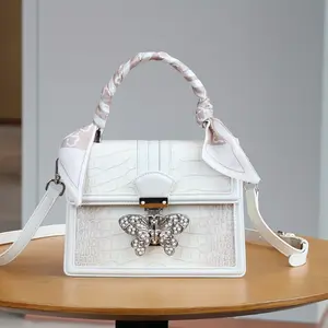 2025 New Women's Luxury French-Inspired Crocodile-Embossed Shoulder Bag with Butterfly Clasp, Adjustable Crossbody/Handbag Strap, White & Metallic Accents for Casual & Formal Occasions