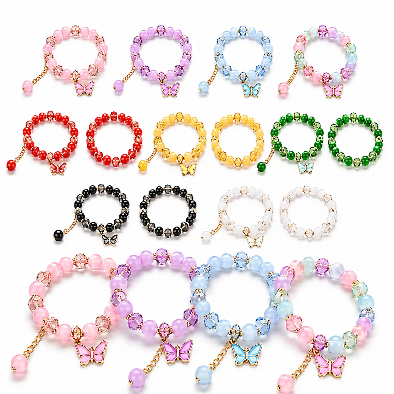 Women's 18-Piece Multicolor Butterfly Glass Bead Stretch Bracelet Set - Crystal-Style, Flower & Charm Accents, Jewelry DIY Supplies for Adults, Party Favors & Gifts, Lightweight Everyday Fashion Bracelets