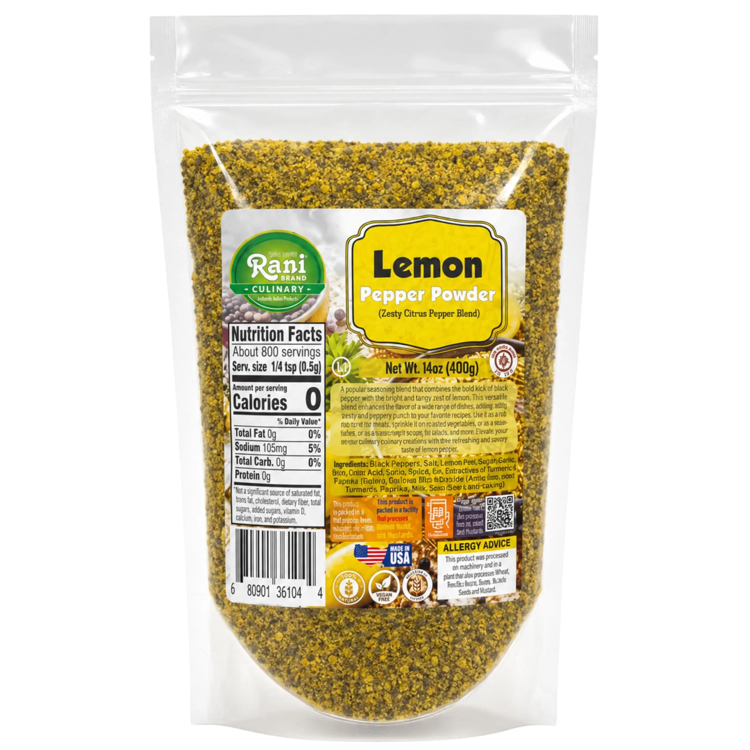 Rani Lemon Pepper Powder (Zesty Citrus Pepper Blend) 14oz (400g) ~ Gluten Free | NON-GMO | Kosher | Vegan | Product of USA