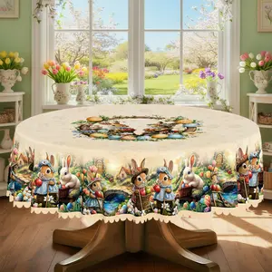 1pc Easter Themed Party Tablecloth | Spring Summer Vintage Rabbit Colored Eggs Tulip Floral Country Style Printed Design, Round Shape, Polyester, Embossed Edge, Suitable For Indoor Outdoor Dining Picnic Dinner Dining Room Decoration