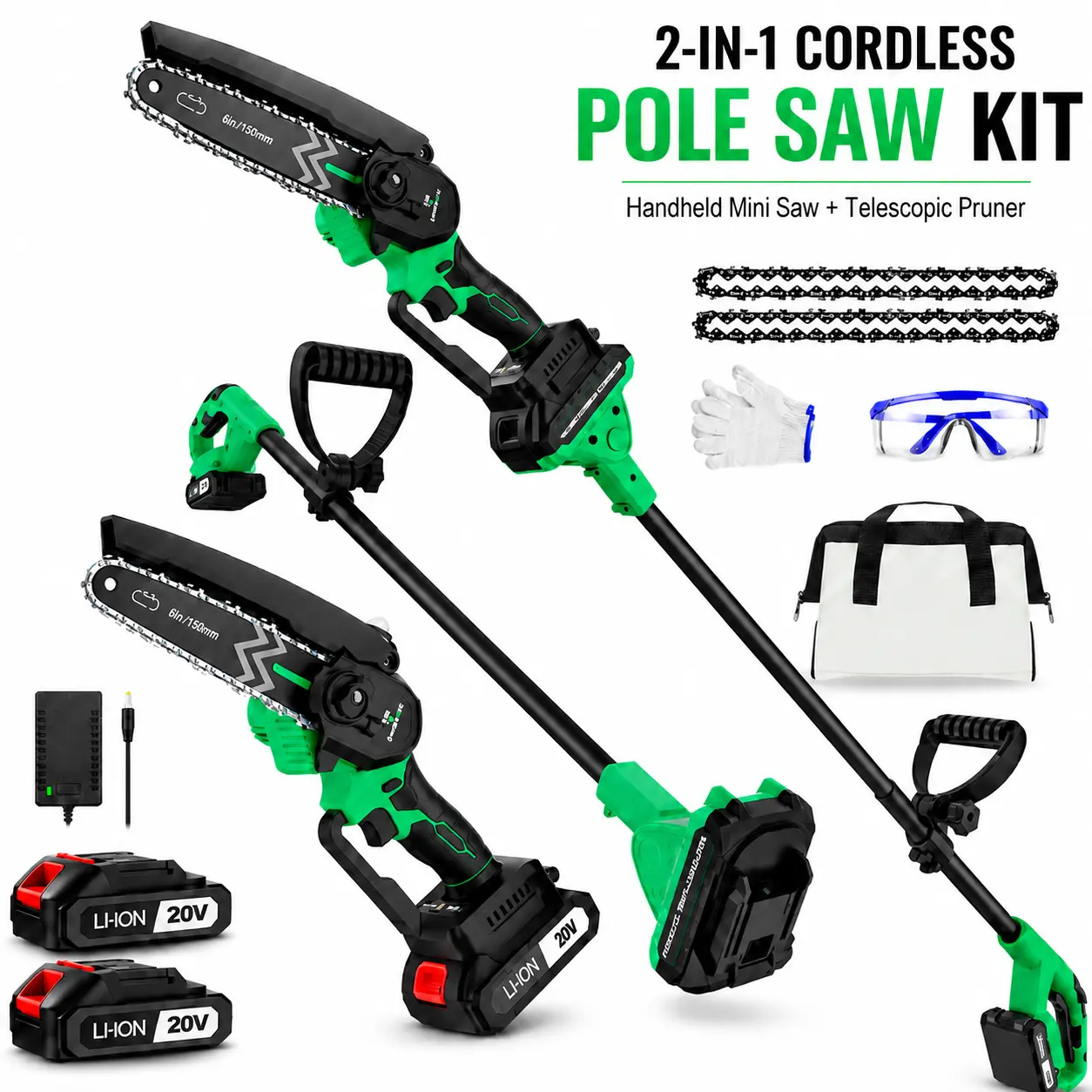 20V 2-in-1 Cordless Pole Saw Kit, 6-Inch Mini Chainsaw with Telescopic Extension Pole, 2 Batteries, Lightweight Electric Tree Trimmer for Branch Pruning, limb,Shrubs, Yard and Garden Care, High Branch Saws, Portable Chainsaw, Easier Yard Work