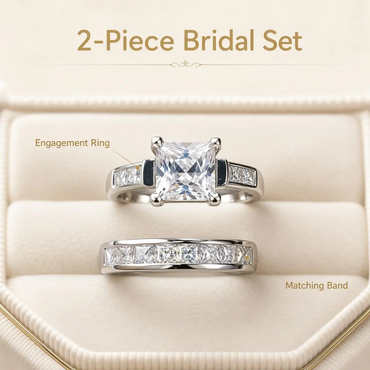 Bridal 2-Piece Princess-Cut Ring Set, 4-Prong Engagement Ring & Matching Wedding Band, Stylish Costume Jewelry Accessory