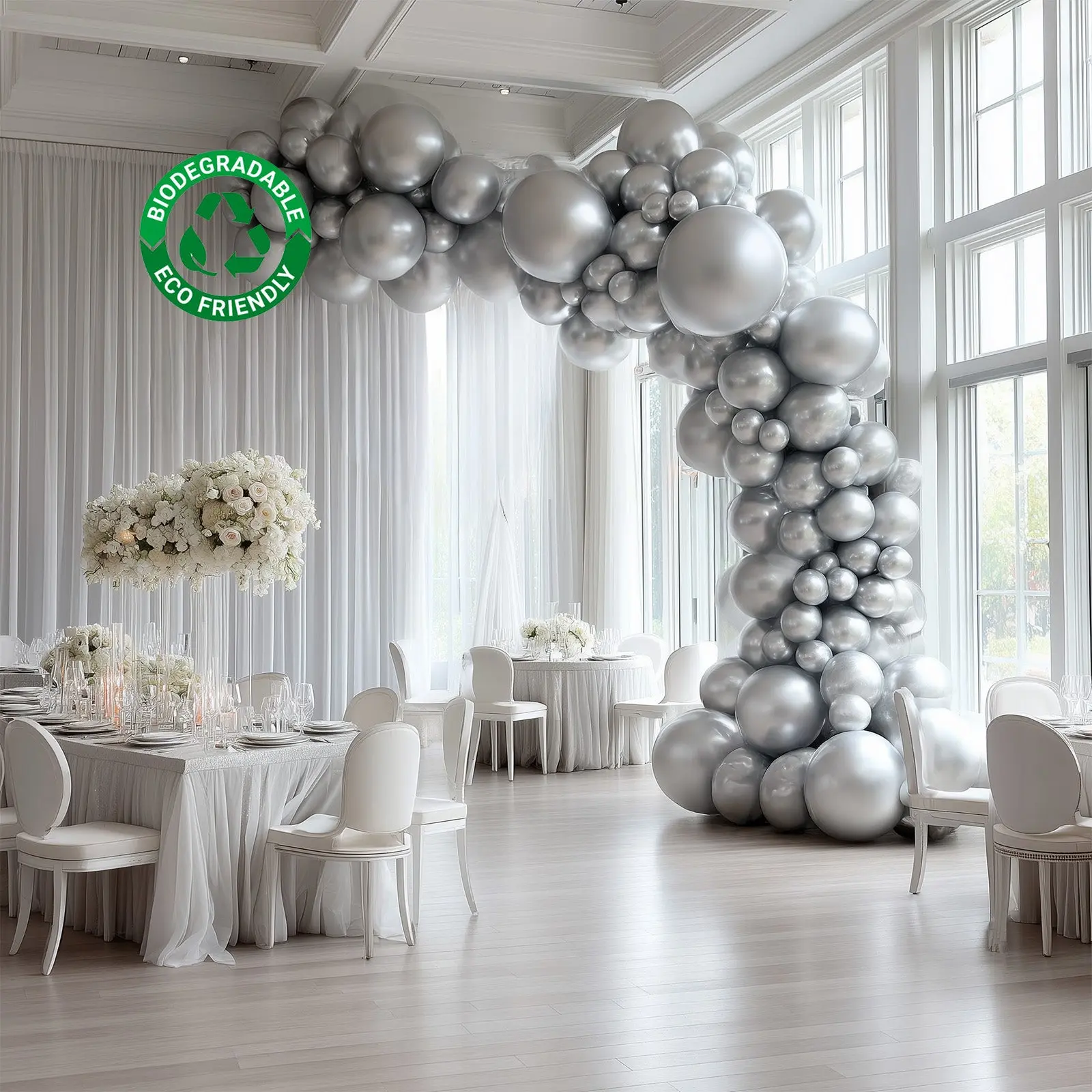 110-Piece Silver Biodegradable Extra-Strong Latex Balloon Garland Kit for Party Arch Backdrop Supplies, Balloon Arch Backdrop