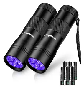 UV Blacklight Flashlight 2 Pack - 12 LED 395nm Ultraviolet UV Lights for Pet Urine, Bed Bugs, Resin, Scorpions, Fluid Leaks & Fake Money Detection; Includes Batteries