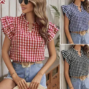 Women's Summer Plaid Short Sleeve Blouse Double Layer Ruffle Sweet Cute Top for Cross-Border E-commerce