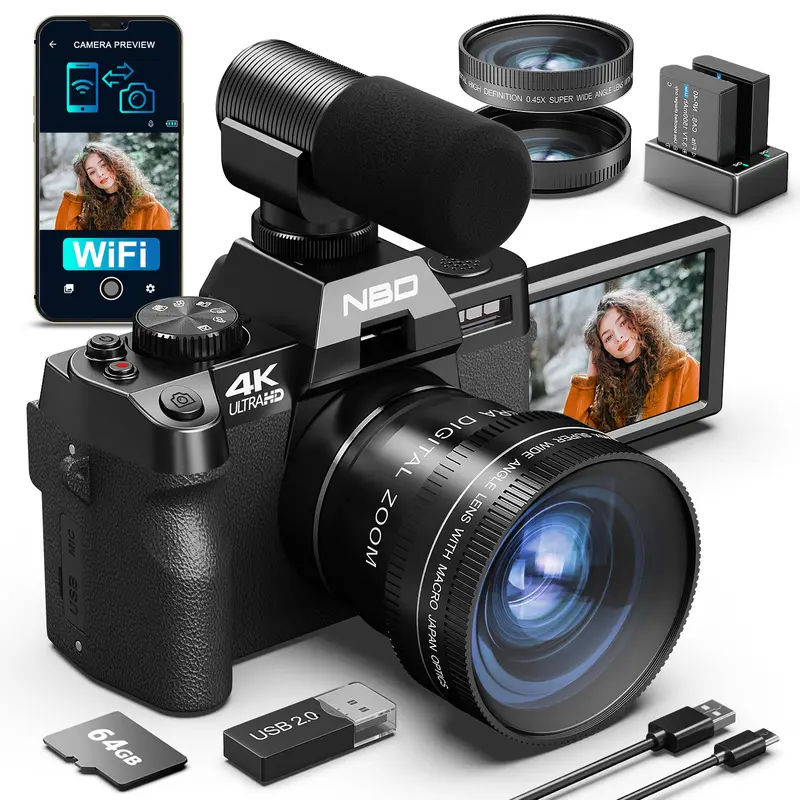NBD 48MP Digital Cameras 4K 16X Zoom Travel Camera with 180° Flip Screen Auto Focus Macro Lens 2 Batteries Black Tech Gadgets Compact
