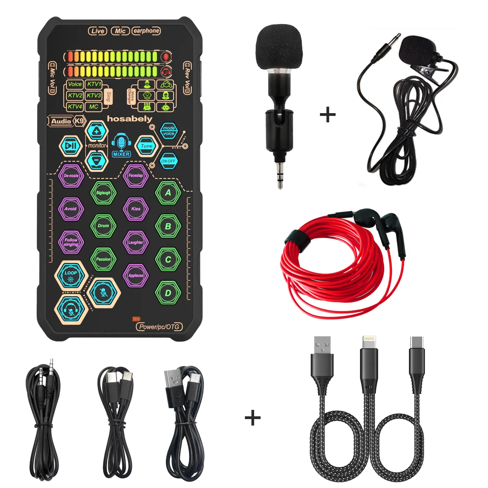 HOSABELY SK9PRO Upgrade Compact Handheld Digital Live Sound Card Kit, Universal Sound Card Package, Podcast Audio Interface, SK9-Mini Lapel Mic, Compatible with iPhone, Laptop, PS5 Streaming Playback