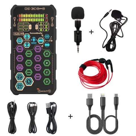 HOSABELY SK9PRO Upgrade Compact Handheld Live Sound Card Kit - 3.5mm Cable, SK9-Mini Lapel Mic, Podcast Audio Interface, Streamers' Equipment, Universal Package for iPhone/Laptop/PS5