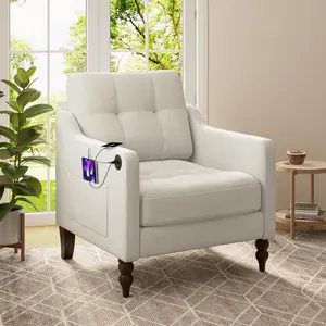 Accent Comfy Chenille Chair w/USB Charging Port Mid Soft High Support Rebound Sponge Ergonomic Wide Backrest Retro Wooden Legs Upholstered Arm Chair for Living Room Bedroom