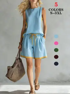 2026 Summer Women Sleeveless Top Color Block Two Piece Set Casual Fashion Wide Leg Pants Matching Outfits Trendy Daily Women Clothing Lady