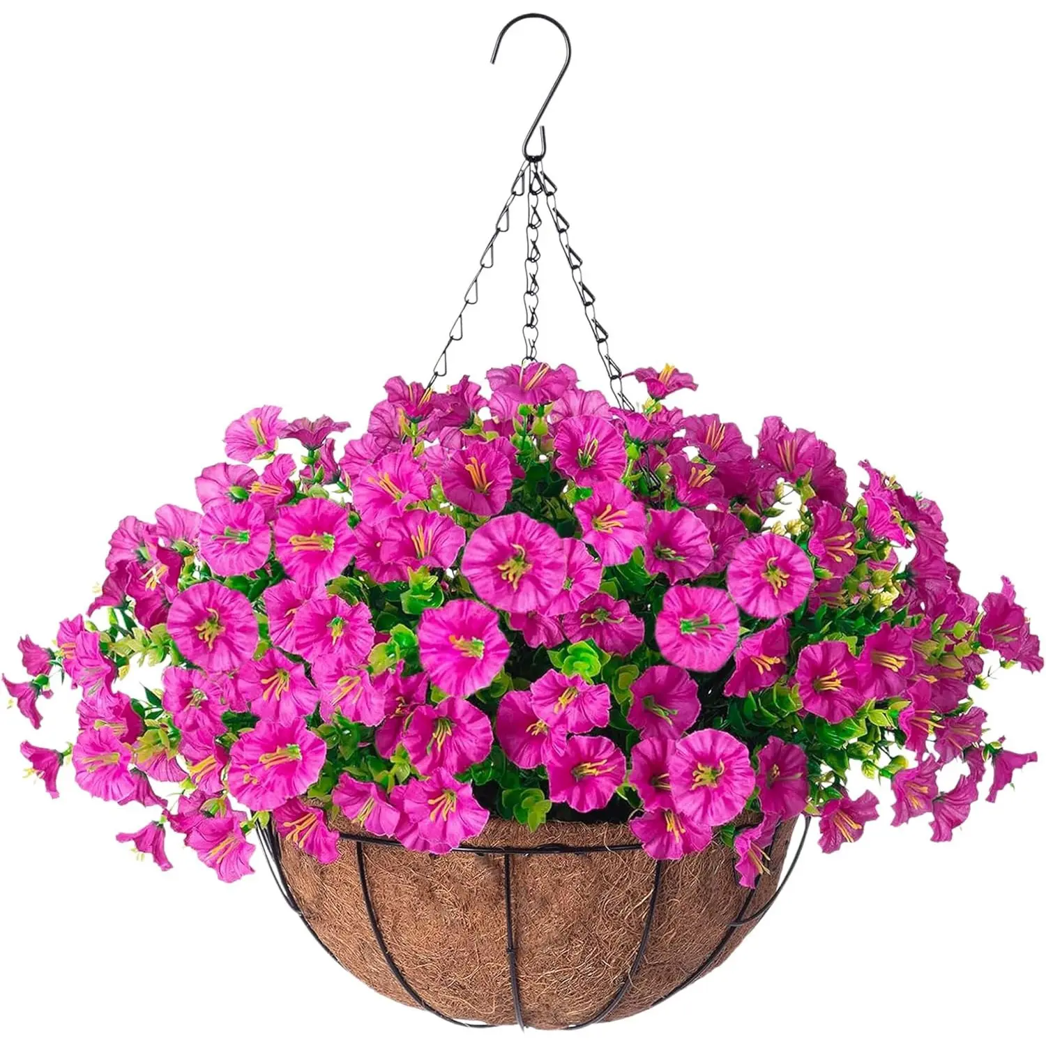 19.49-inch artificial hanging flower plant basket is used for outdoor spring decoration. The artificial silk is UV-resistant. It is suitable for home porch, terrace, balcony, and garden decoration. Hanging Flower Pots, Artificial Hanging Baskets
