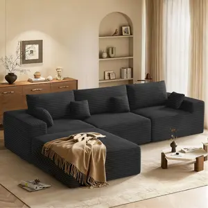 113" Modular Sectional Sofa, Convertible L-Shaped Cloud Couches for Living Room with Ottoman, 4 Seater Corduroy Boneless Couch Sofas Set, No Assembly Required, Black 1 PCS