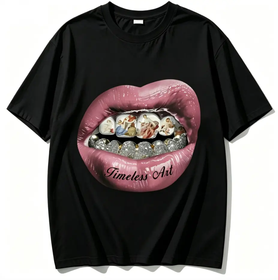 Women's 100% Cotton Short-Sleeve Round Neck T-Shirt - Timeless Art Graphic, Diamond Grillz & Renaissance Teeth Design, Casual Streetwear Fashion Aesthetic Top