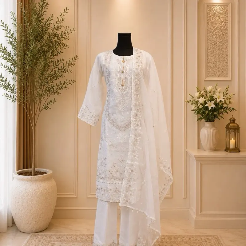 Pakistani dress designer by SADABAHAR 3-Piece Stitched Suit fabric is organza scarf material organza ready-to-wear nature of the outfit.