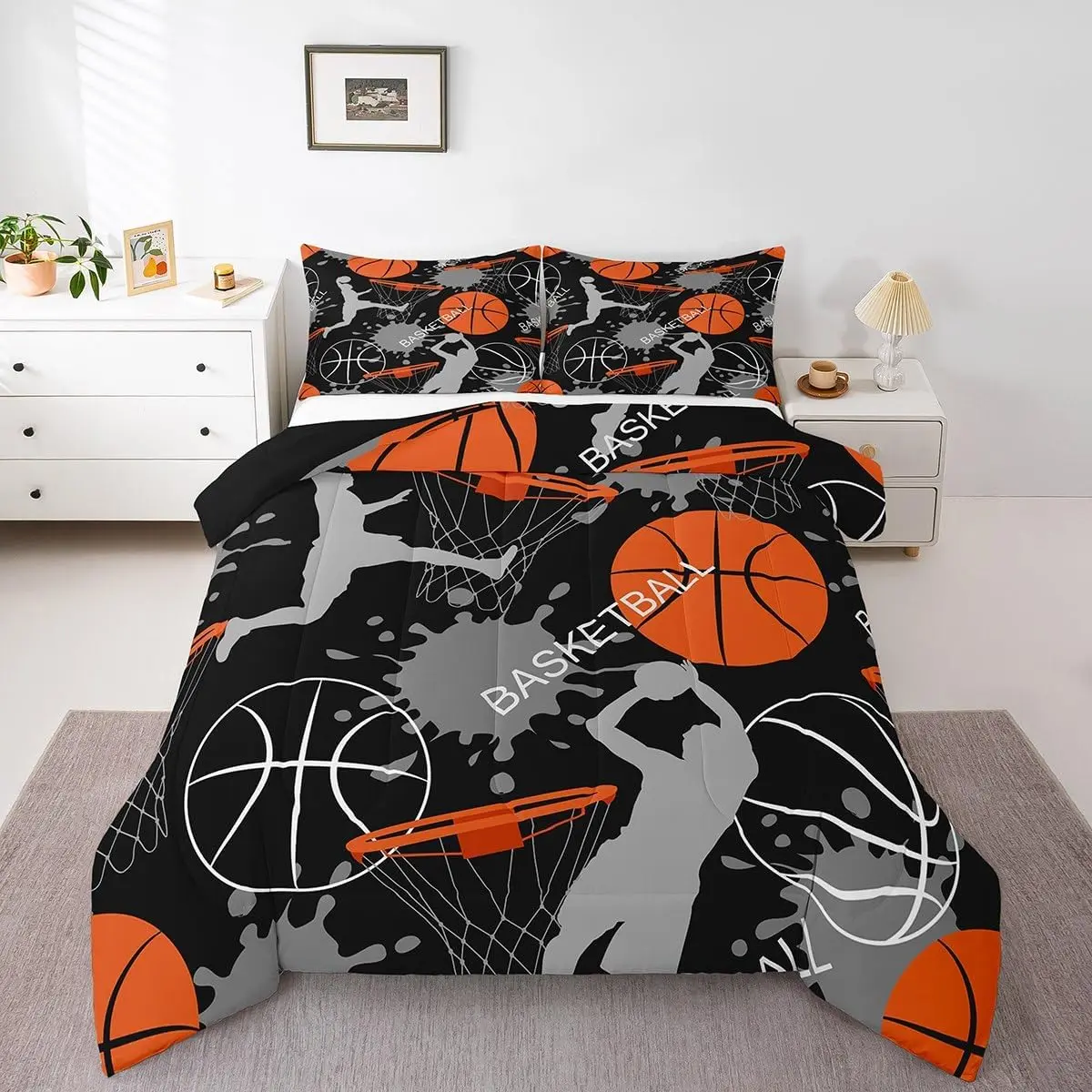 Feelyou Basketball Duvet Set - Black and Orange Soft Breathable Bedding, Sports-Themed Comforter for Teens, Boys' Room Decor, Teen Room Decor, Bedroom Setup Stuff for Boys