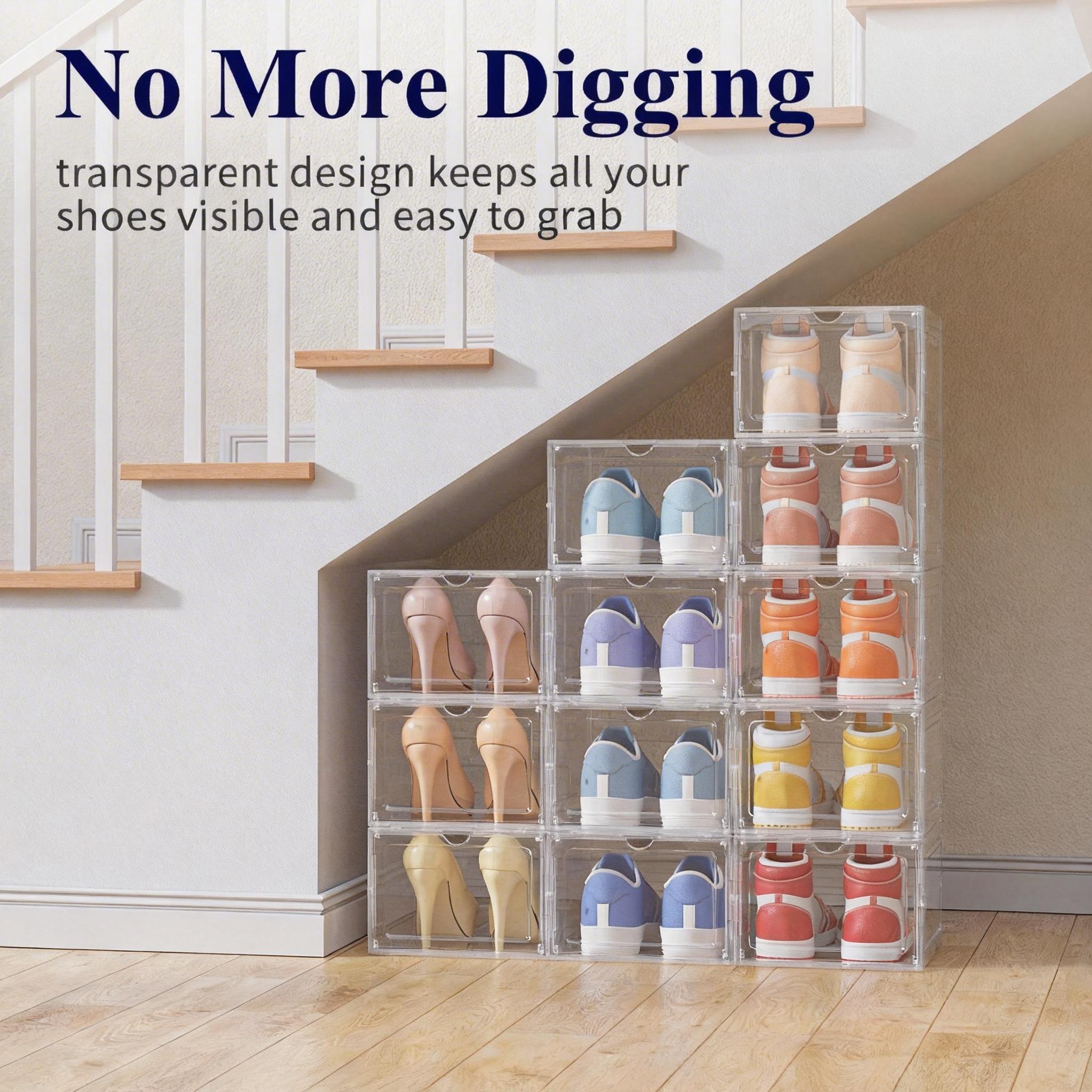 12 Pack Clear Black Shoe Storage Boxes, Stackable Plastic Shoe Organizer with Drop Front Door, Transparent Sneaker Storage Cases for Closet, Space Saving Shoe Containers for Men and Women, Foldable Shoe Box Organizer for Home