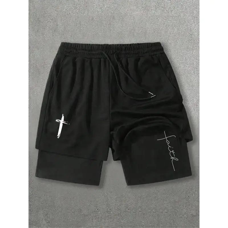 Tiktok Trendy Cross & Faith Pattern Double-Layer Shorts, Soft Shorts, Comfortable Faith Style Daily Wear, Home Fashion