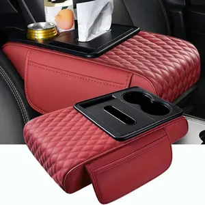 Car Center Console Cover, Leather Armrest Cover for Car, Universal Middle Console Cushion with Storage Box, Cup Holder, Tissue Box & Phone Slot, Waterproof Interior Accessories