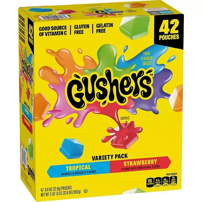 Gushers Fruit Flavored Strawberry & Tropical Variety Pack 42 ct. snacks - Sweet Soft and Chewy Gummy Candy with Juicy Center in Strawberry and Tropical Flavors - 42 Count Pack Natural Bonbon