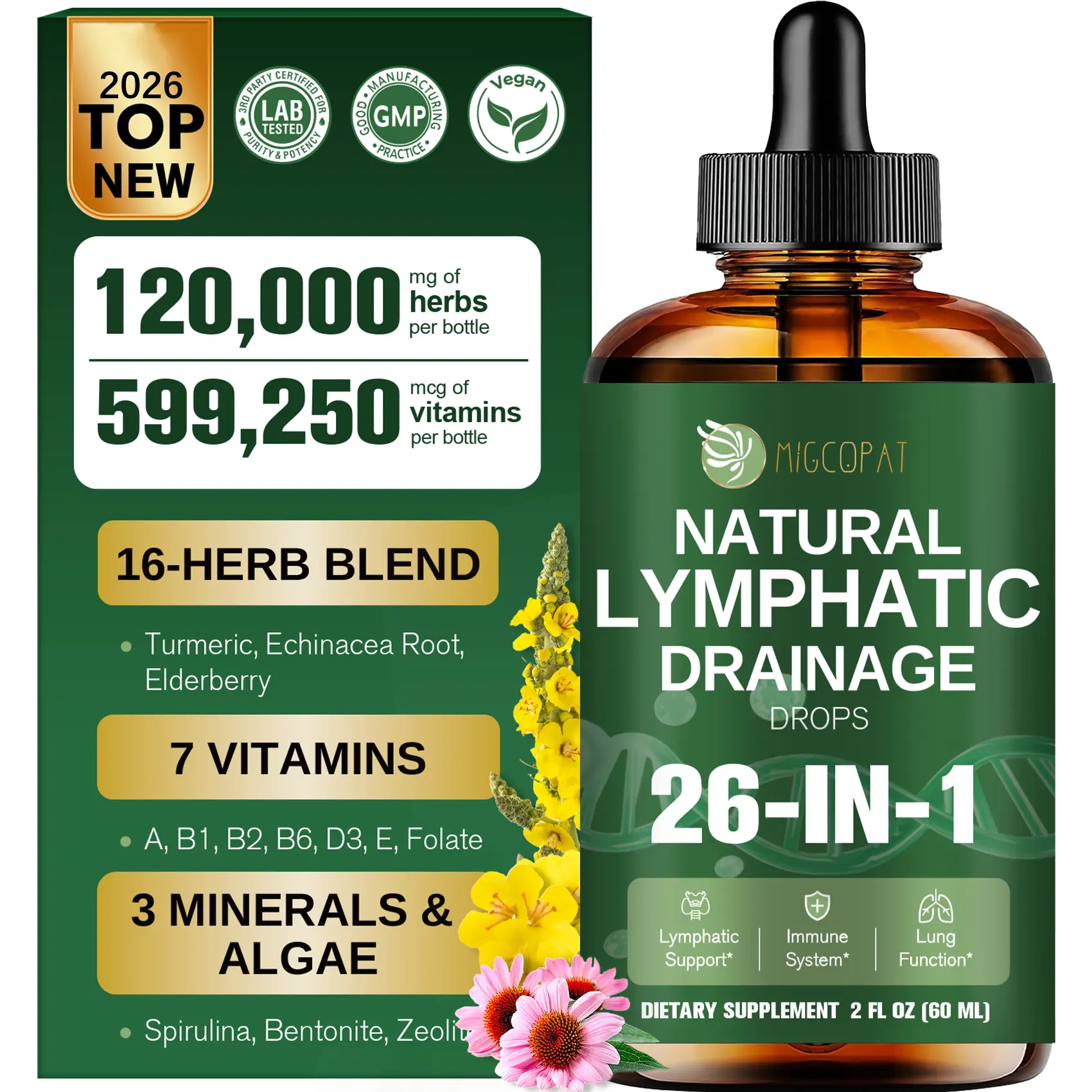 Migcopat 26-in-1 Liposomal Lymphatic Drainage Drops, Echinacea, Turmeric, Elderberry, Dandelion, Vitamins and Mullein Drops for Lungs, Lymphatic, Immune Support, Liver Cleanse Detox & Repair, 2 fl oz，#Summervibes