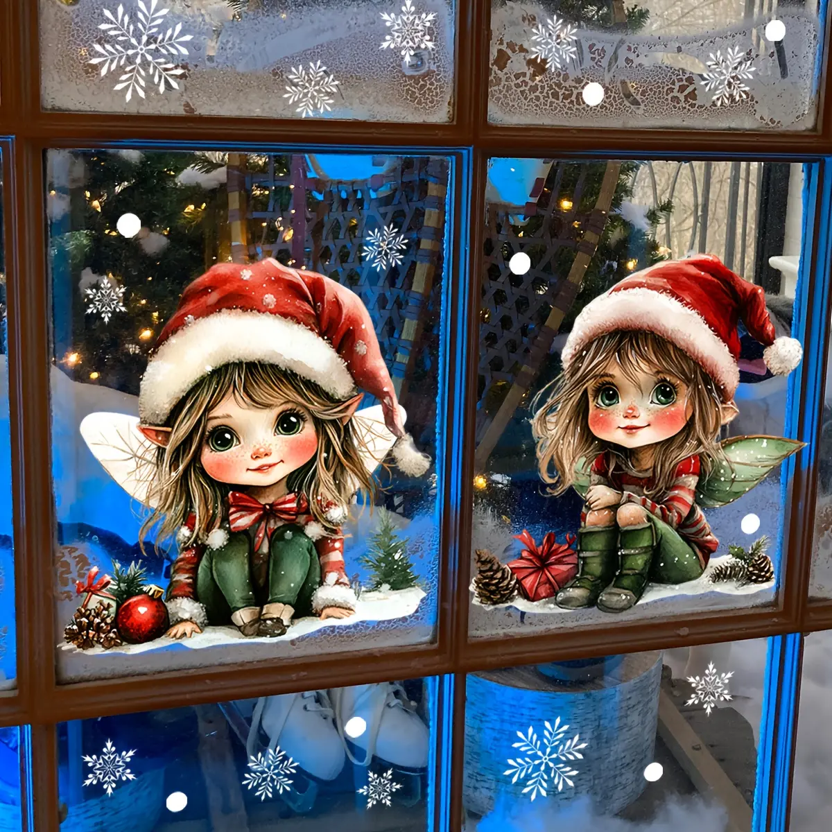 A set of two 2D flat Christmas elf static cling glass stickers for window decoration, beautification, double-sided visible, DJ6116-ZY