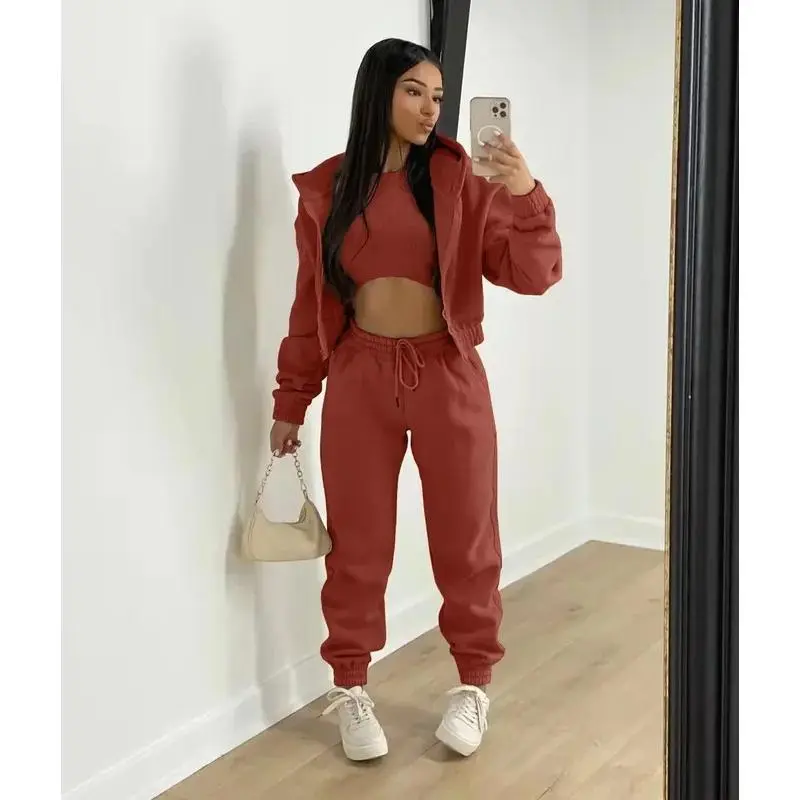 3pcs Women's Clothing Set Fleece-lined Hooded Sweater &Sleeveless Tank Top & Sweatpants PantsGift