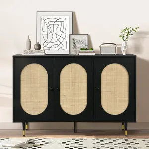 HOMBCK Rattan Buffet Cabinet, Rattan 3 Doors Buffet Cabinet with Storage, 47'' Sideboard with Adjustable Shelf for Kitchen, Living Room
