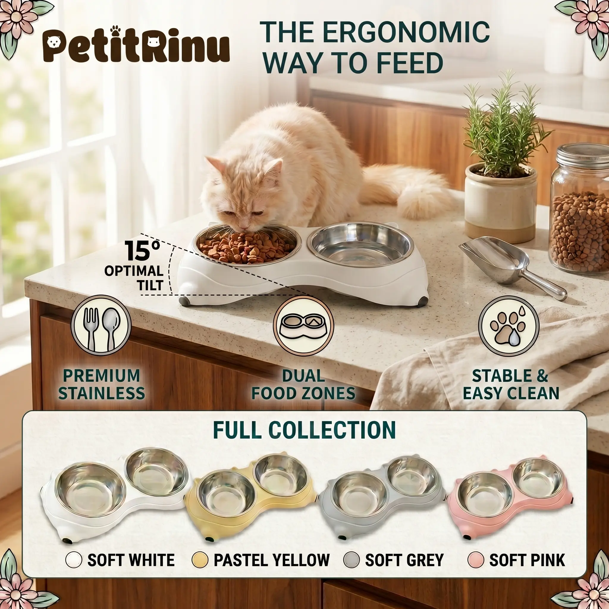 Stainless Steel Divided Double Bowl Neater Feeder for Cats - 15° Tilt Neck Support, Non-Slip Stable Base, Easy-Cleaning Macaron Pastel Design, Length 34cm (34x18x8.5cm), Prevents Vomiting, Cat Food Feeders for Feline Needs
