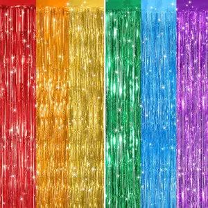 2 Pack Rainbow Metallic Tinsel Foil Fringe Curtains Door Streamers Photo Booth Backdrop for Birthday Party Tinsel Curtain Backdrop for Baby Shower Bachelorette Christmas Party Decorations