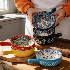 Boho Style Ceramic Pasta Bowl with Handle, Colorful Floral Pattern Serving Bowl, Large Capacity Salad Bowl Dessert Bowl, Premium Ceramic Tableware for Home Kitchen Dinner, Ideal Dinnerware & Kitchen Decor Gift