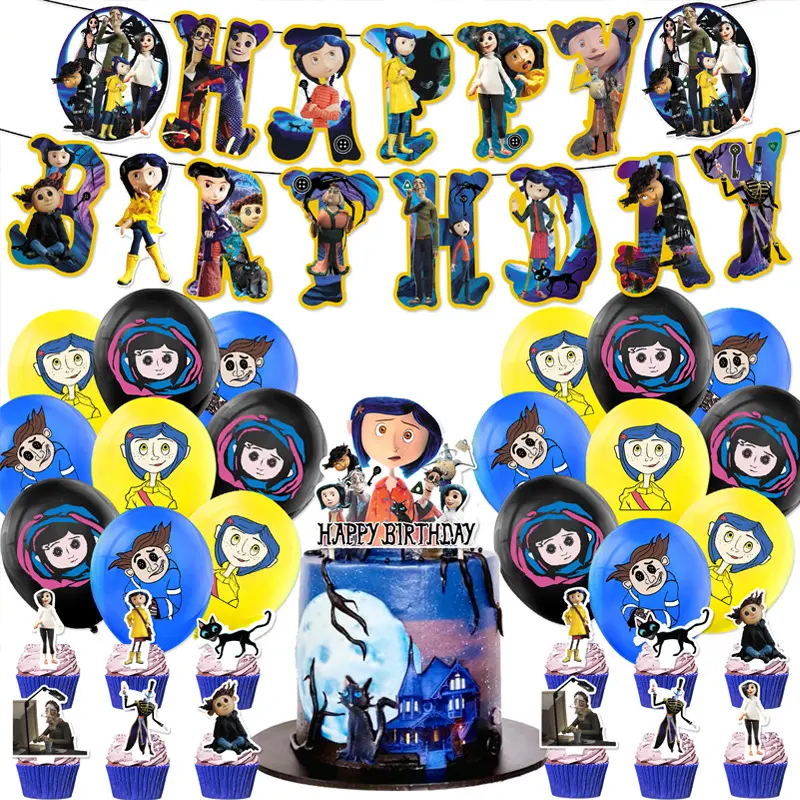 Coraline-Themed Birthday Party Decorations Kit - Banners, Cake Toppers, Balloons, Hanging Swirls for Girls (Gaming Fan Shop Essentials)