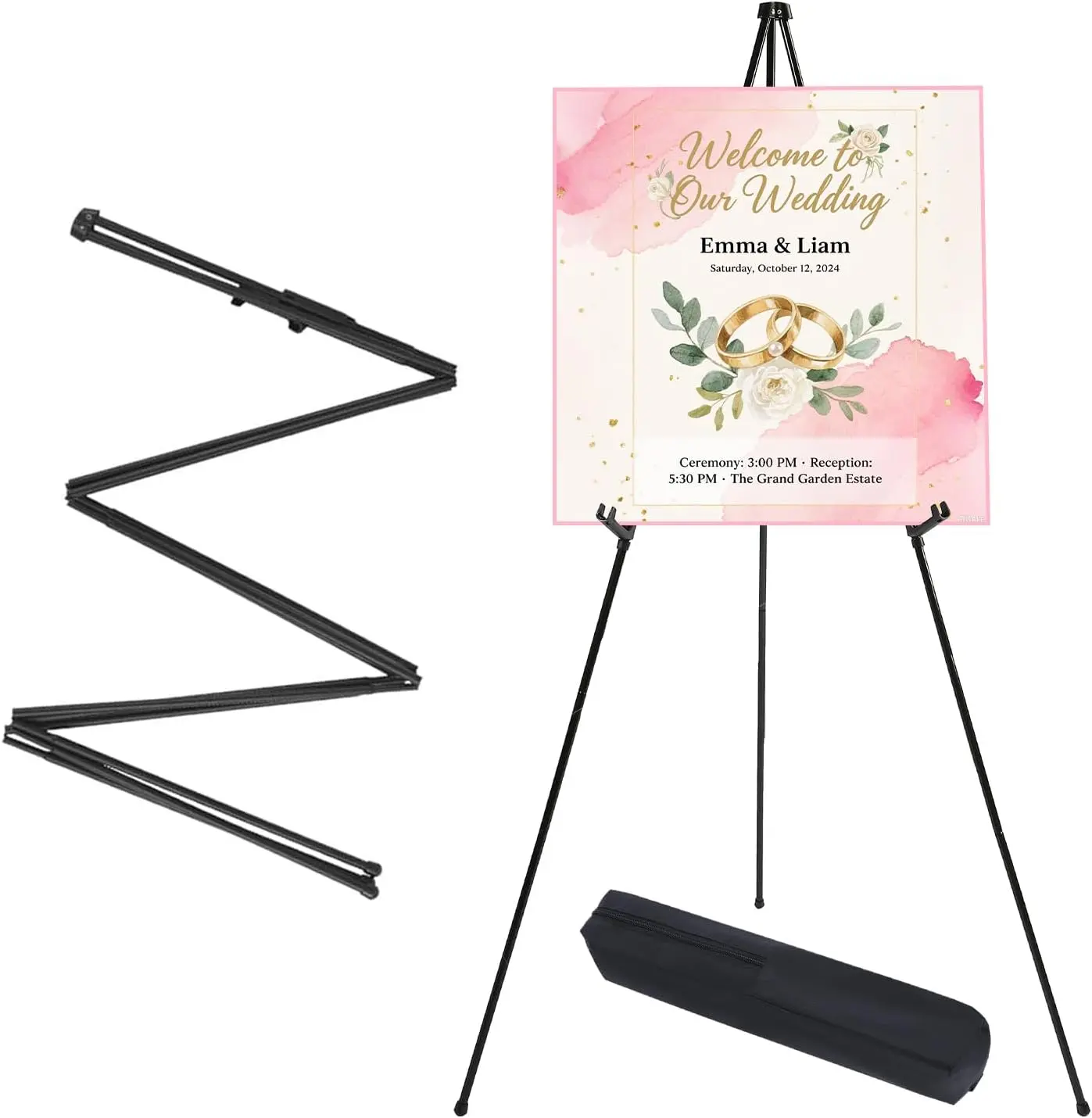 63" Adjustable Metal Black Easel Stand for Painting,Signs & Display | Quick Setup Without Installation Tripod Easel with 2 Clips,Portable & Folding for Poster, Canvas, Wedding,Gallery,Home