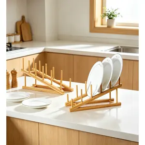 JUMRHFAN 2-Piece Bamboo Wooden Dish Rack Set| Multi-Purpose Kitchen Organizer for Bowls, Plates, Lids, Cups & Cutting Boards