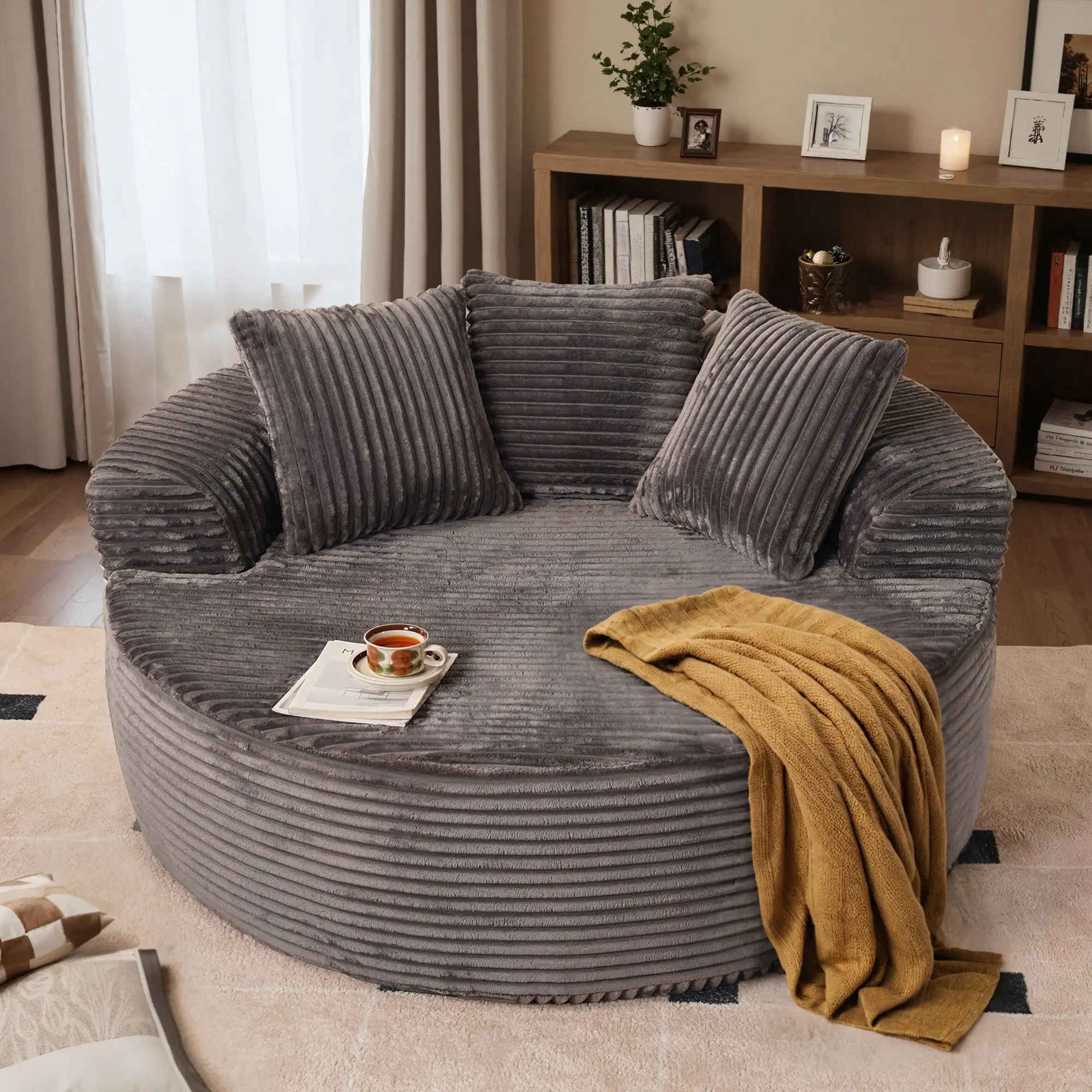 HOOOWOOO 59 Inch Oversized Chaise Lounge Chair Indoor, Round Plush Corduroy Sofa Bed with 3 Throw Pillows, Boneless Sleeper Chairs for Living Room Bedroom, No Assembly Required
