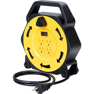 Extension Cord Reel with 25 FT Power Cord, Hand Wind Retractable, 16/3 AWG SJTW, 4 Grounded Outlets, 13 Amp Circuit Breaker, Yellow, Black, UL Listed