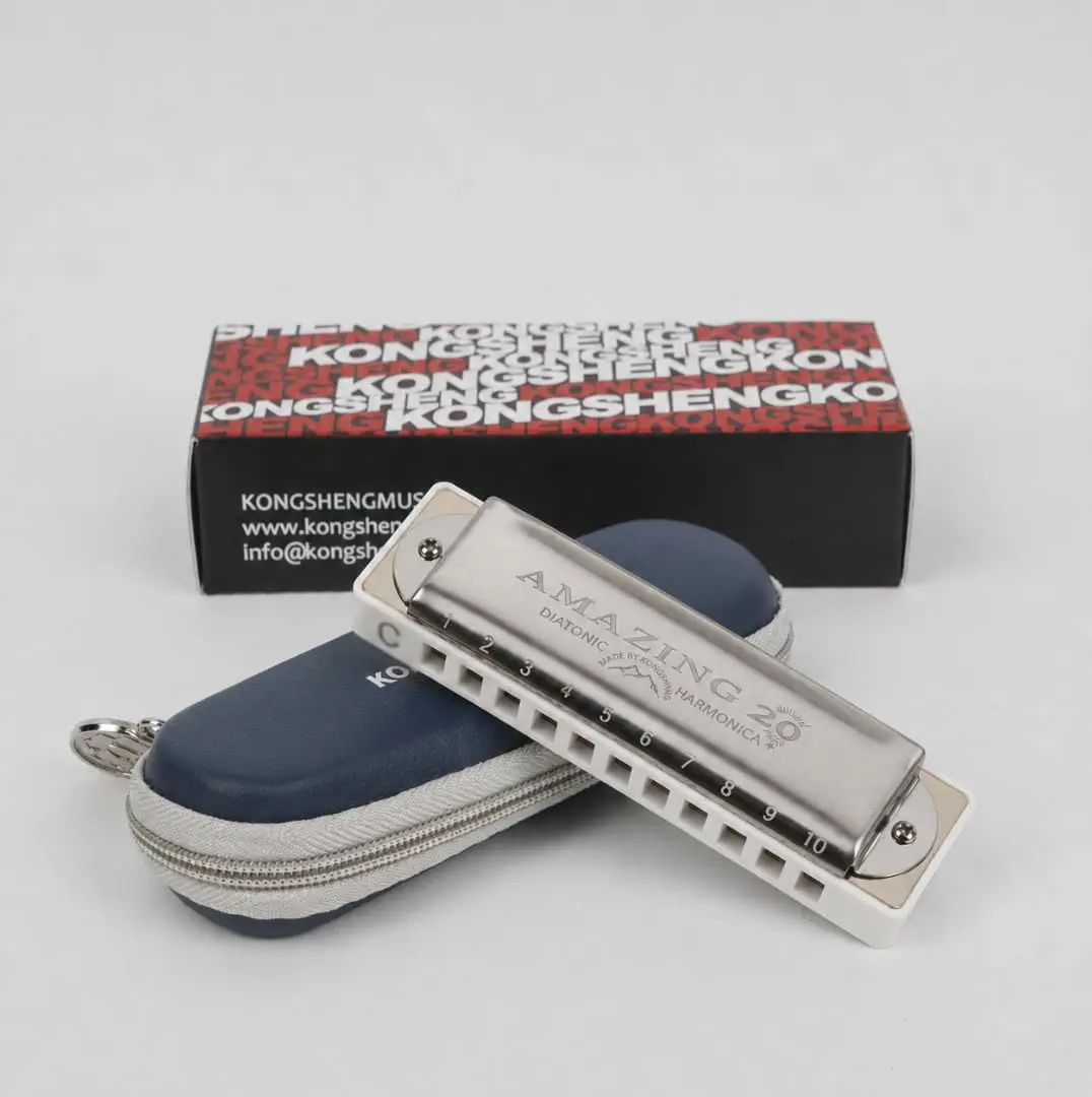 KONGSHENG AM20 10-Hole Diatonic Harmonica - Unisex Blues Harp Instrument with Phosphor Bronze Reeds, Chrome-Plated Copper Reed Plates, Food-Grade ABS Moisture-Resistant Comb for Harmonica Players