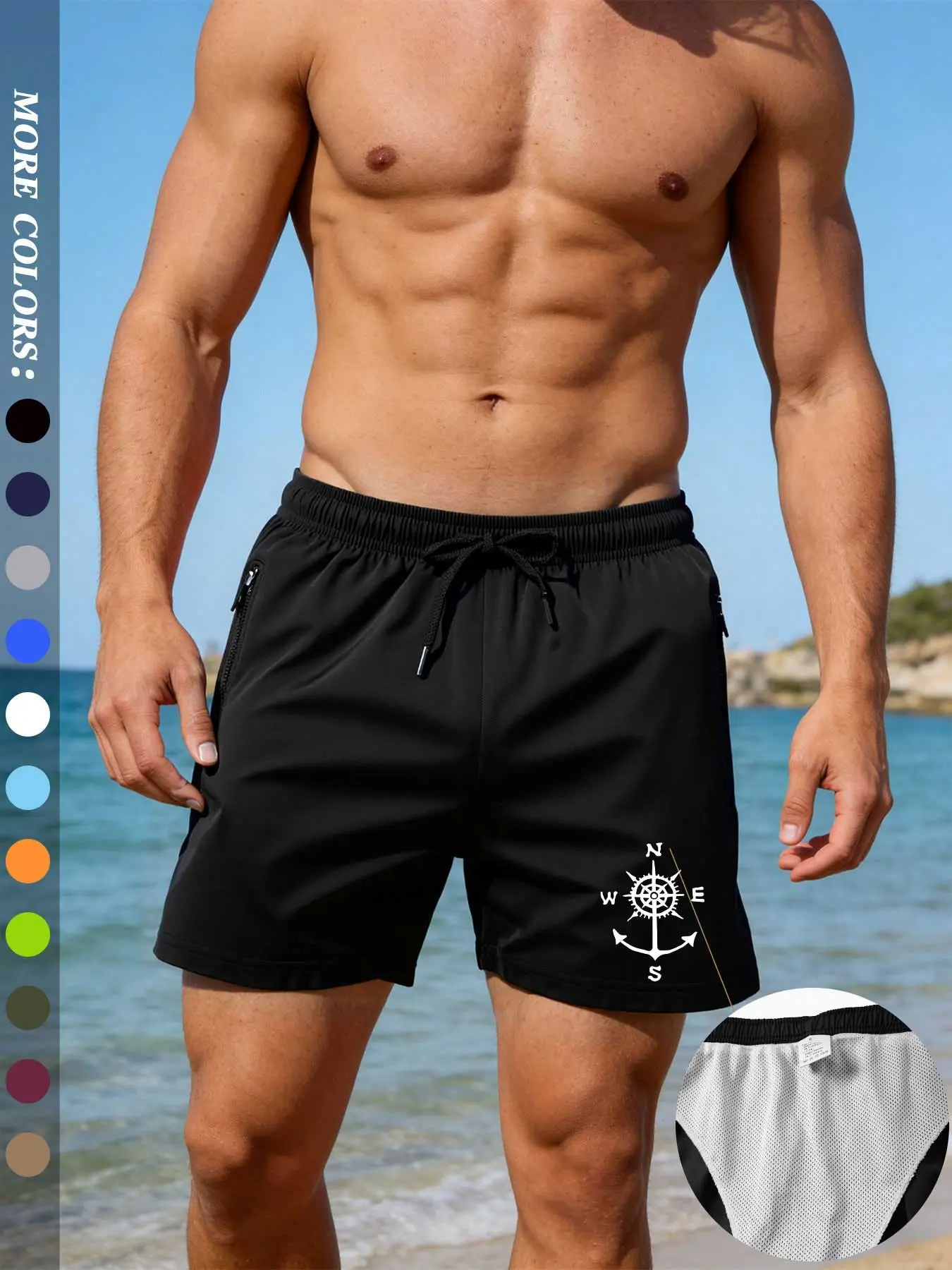 Vacation vibes! Men's quick-drying drawstring swim trunks, Swimwear Shorts, casual summer beach shorts with a unique anchor pattern, ideal for summer, the beach, the pool, and swimming.