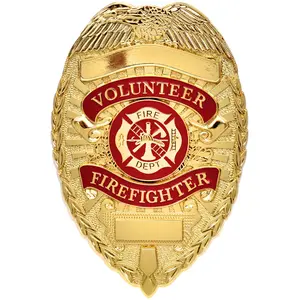 Gold Deluxe Volunteer Firefighter Uniform Shield Badge - Volunteer FF FD Fire Department Pin-On Badge