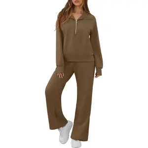 GRECERELLE Lounge Sets For Women 2026 Casual Lapel Half Zip Sweatshirt And Wide Leg Sweatpant 2 Piece Outfits Tracksuit Sets