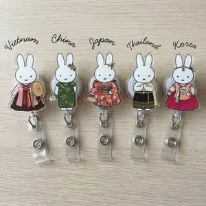 Aesthetic Cultural Miffy Badge Reel - Cute Hanbok, Kimono, Phasin & Ao Dai Retractable ID Badge Holder - Fun Traditional Dress Rabbit Accessory