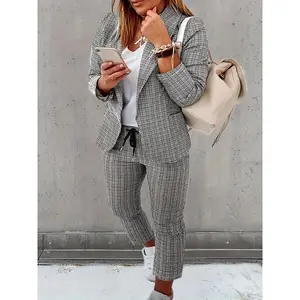 New plus size fashionable plaid printed pocket button front casual jacket and pants set, long sleeved shawl collar top and women's pants, spring and autumn two-piece women's suitRAIMENTRY