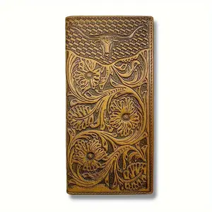 Vintage Floral Full Grain Leather Wallet Western Cowboy Ox Head Embossed Long Checkbook Wallet For Men Credit Card Holder, Gift for Men